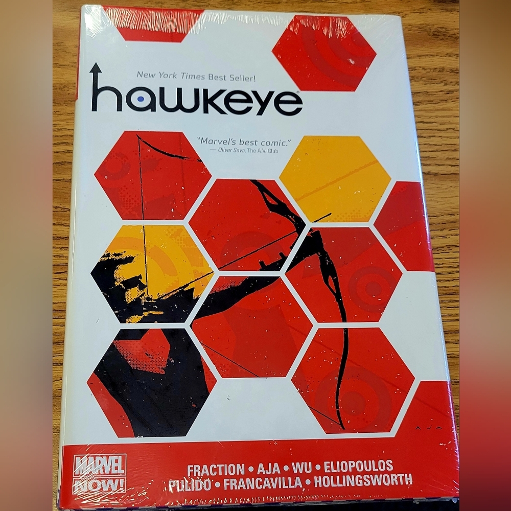 Hawkeye Comic Book with Bold Red and Yellow Hexagons